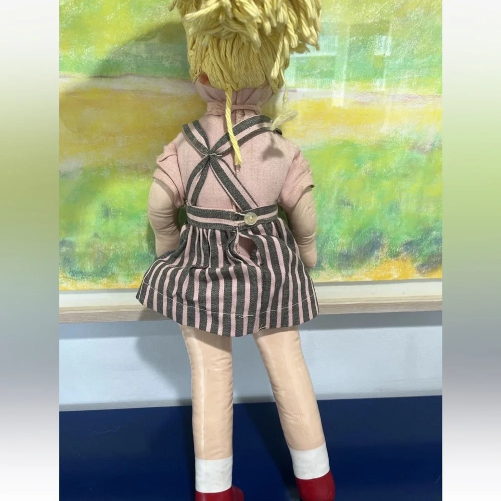 Carnival Plastic Face Cloth Fabric Doll Blonde Yarn Braid Blue Eyes Vintage 60s